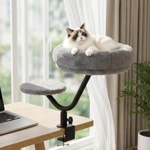 Cat Desk Bed, Desk Cat Bed Attachment for Indoor Cats, 360 Swivel Clamp-on Cats Perch with 40lbs Support, Sturdy Plush Resting Spot for Home Office,Gray