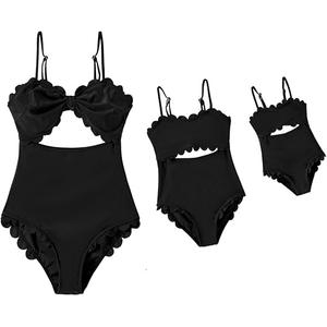 IFFEI Mommy and Me Matching Outfits Women's One Piece Swimsuits Cutout Scallop Trim Monokini Swimwear Bathing Suit (Color: Black-scallop, 3-6 Months)