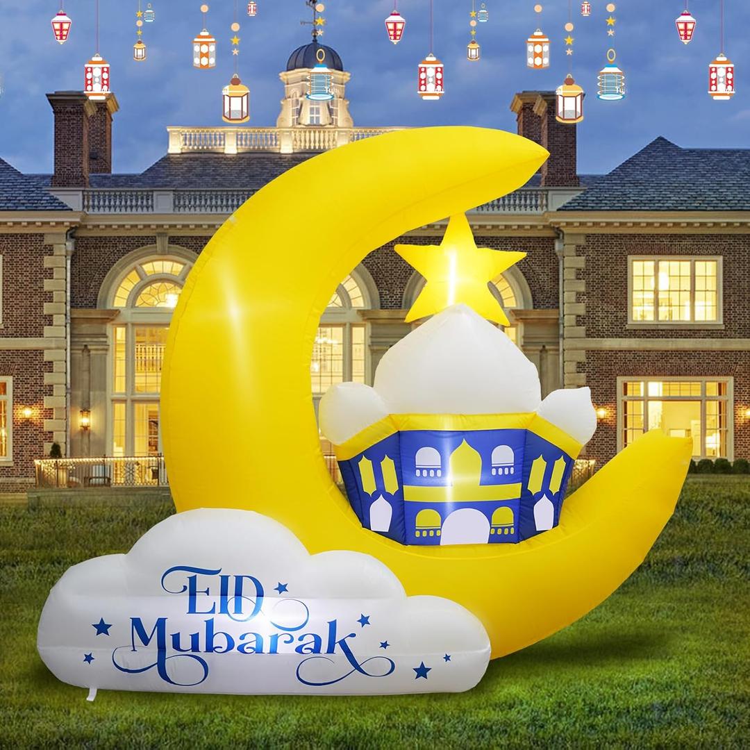 6FT Tall Inflatable Ramadan Moon Outdoor Decoration, Waterproof Inflatable Eid Mubarak Decor, Blow Up Muslim Holy Celebration Decor Built-in 4 LEDs for Yard, Garden, Lawn, Indoor