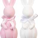Easter Bunny Decorations, Flocked Bunnies Figurine with Soft Velvet Texture, 5.5" Resin Rabbit Ornaments, Spring Decor for Home Office Table Centerpiece Gift (Pink&White)