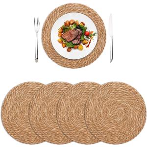 Round Woven Placemats Set of 4, 13.7 Inch Boho Farmhouse Rattan Placemats Rustic Braided Wicker Table Place Mats Chargers for Dinner Plates