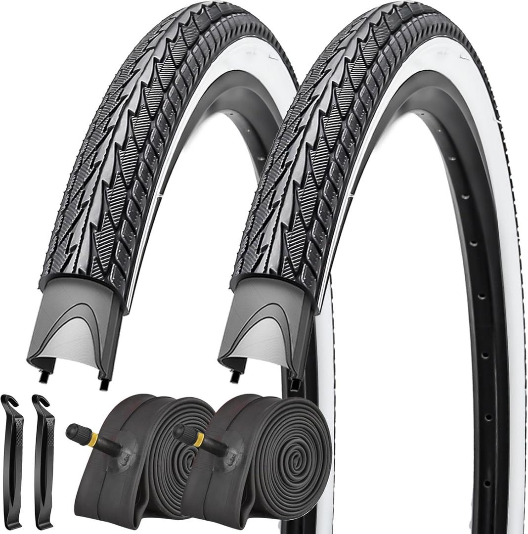 SIMEIQI 2 Pack 20"/ 24" / 26"x1.75" Bike Tires and Inner Tubes 20"/24"/26x1.5/1.75/1.95 with 32mm AV Valves Replacement Tire for Hybrid Road City Commuter Bicycles Urban (White Black)