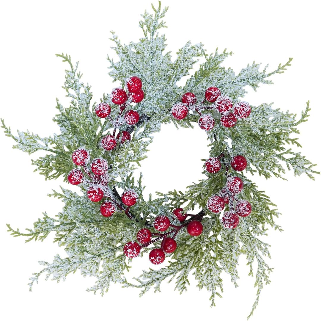 Winlyn 4 Pcs Artificial Snowy Cedar Candle Rings Red Berry Christmas Candle Holder Wreath Rings Mini Snowy Christmas Wreaths Faux Cedar Twigs Wreath 12.2 Wide for Winter Wedding Holiday Table Dcor