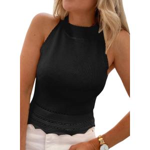 EVALESS Womens Tank Tops Summer Ribbed Knit Racerback High Neck Halter Crop Tops Blouses Sleeveless Slim Basic Cami Shirts (X-Large, Black)