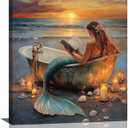 Mermaid Bathroom Wall Art, Mermaid Reading in Bathtubs Canvas Wall Decor, Rustic Coastal Sunset Framed Painting, Ocean Artwork for Living Room Bedroom 24L''  20W''
