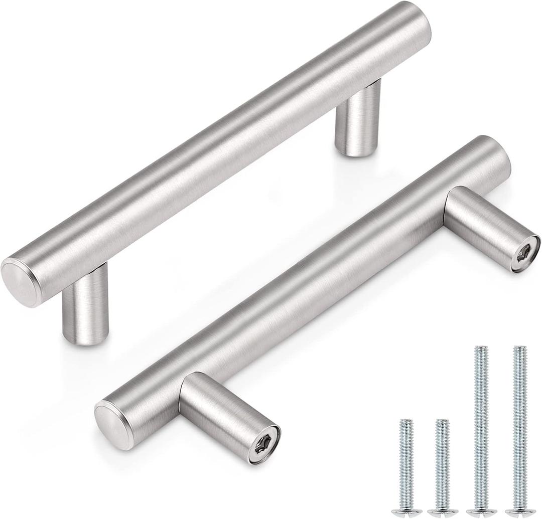 Probrico (30 Pack 3 Inch Hole Centers Kitchen Cabinet Handles Euro T Bar Cabinet Pulls Stainless Steel Kitchen Drawer Handles Brushed Nickel Furniture Dresser Cabinet Hardware, 5 Inch Total Length