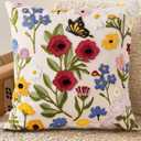 Embroidered Throw Pillow Cover 18x18 Inch - Spring Summer Boho Decorative Pillow Cover with Zipper for Living Room Couch Sofa Bed Aesthetic Design Retro Flower Cushion Pillowcase