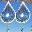 2PCS Wind Spinner 3D Stainless Steel Metal Sculptures Decorations, Water Droplets Wind Sculptures & Spinners, Outdoor Hanging Garden Decoration, Bird Devices Deterrent for Outside to Scare Birds Away