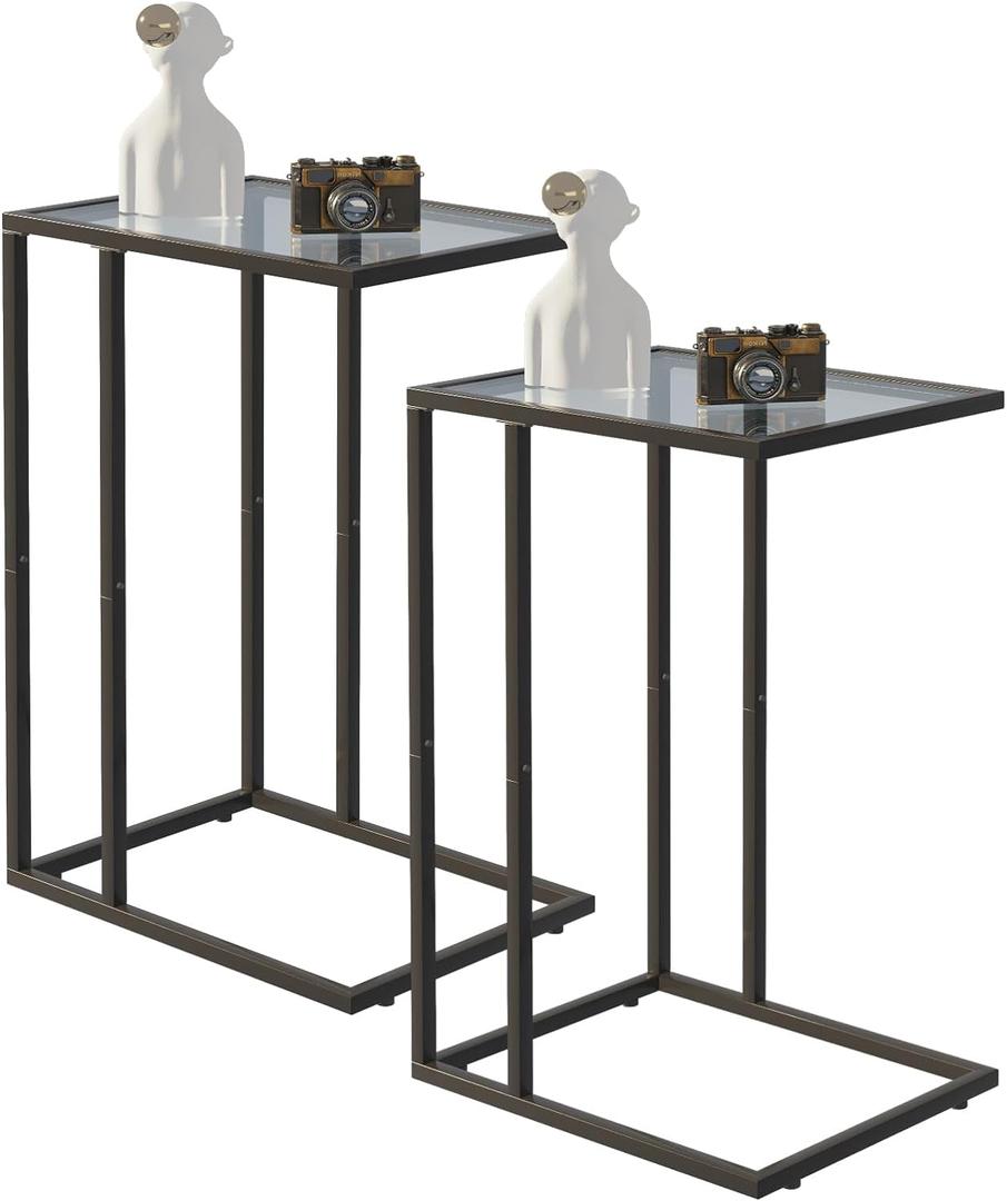 Easy Paws C Shaped End Table Set of 2, Tempered Glass Snack Side Table with Metal Frame, Sofa Couch Side Table, Modern Style, Black
