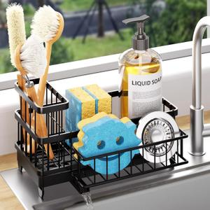 Consuemst Sponge Holder for Kitchen Sink - Auto Draining Sink Caddy Organizer with Detachable Rack, High Brush Holder, Kitchen Countertop Storage Accessories, Black