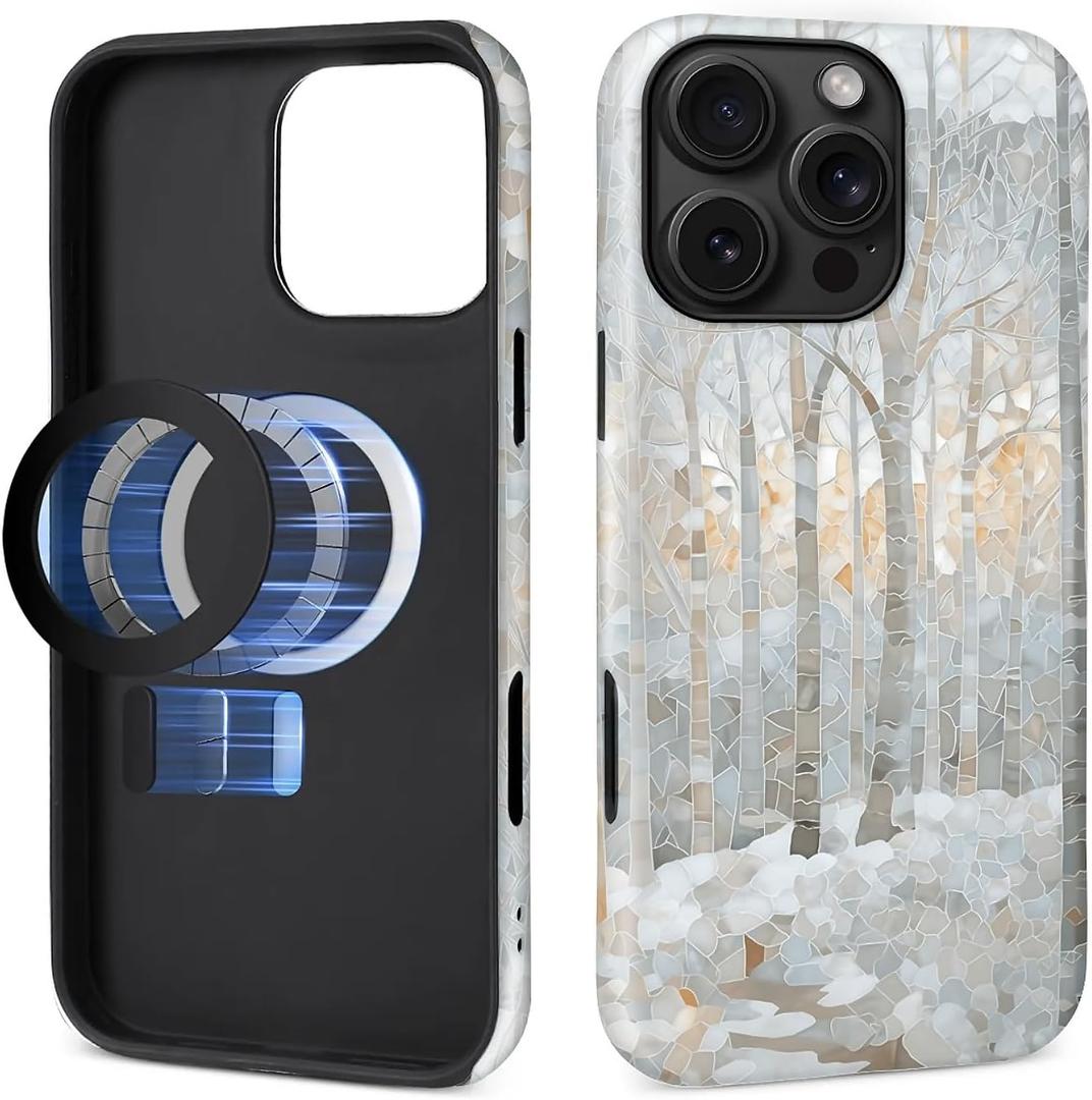 Case for iPhone 16 Pro Max [Compatible with MagSafe], Matte Soft Silicone + Hard PC Anti-Scratch Shockproof Protective 2-in-1 Case for Women Men - Winter Trees Stained Glass Snowy Forest