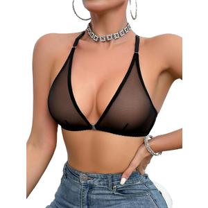 SOLY HUX Women's Sheer Mesh Through Bra Sheer Bralette Front Closure Deep V Neck Wireless Lingerie Sexy Lingerie Bra (S)