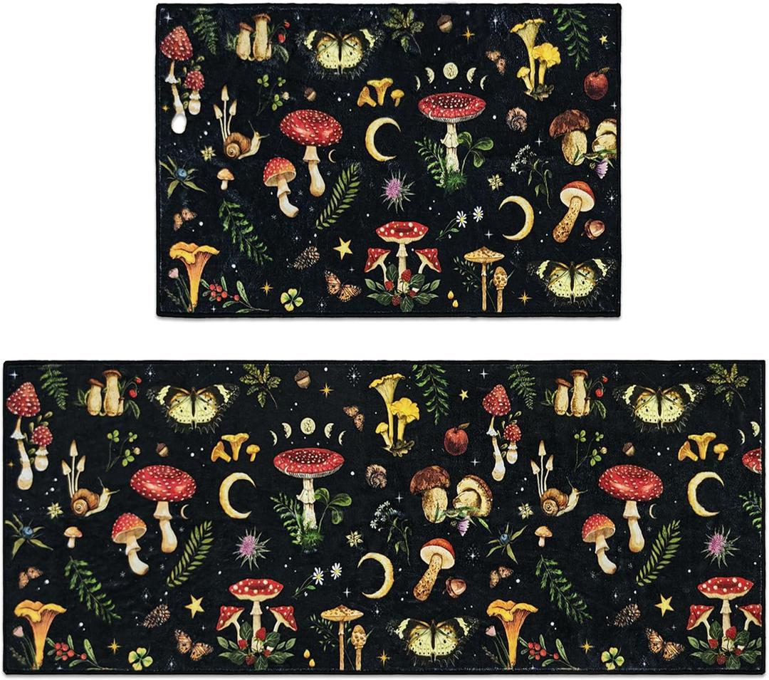 Mushroom Rug Kitchen Mats for Floor Kitchen Rugs Non Slip Washable Sets of 2 Black Butterfly Floral Plant Low Pile Stain Resistant Waterproof Floor Standing Mat for Office Laundry Sink Desk (59''Lx23.5''W+35.5''Lx23.5''W-0.3''H)