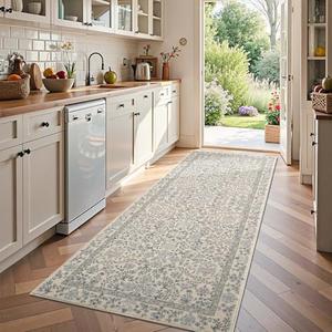 jinchan Zenith Floral Runner Rug 3x8 Washable Kitchen Runner Non-Slip Low-Pile Soft Carpet Runner Botanical Throw Rug for Hallway Entryway Laundry Room Bedroom Blue/Cream