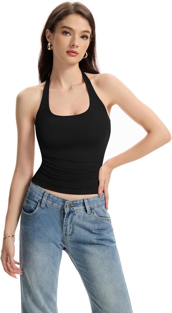 Halter Tank Tops for Women Double Lined Backless Going Out Tops Trendy Y2K Summer Shirt (Black)