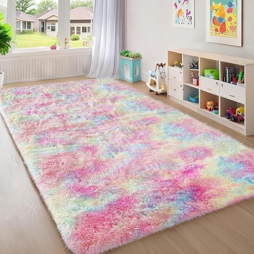 Ophanie Rainbow Colorful Rugs for Living Room 5x8, Unicorn Fluffy Shag Fuzzy Plush Soft Carpets, Floor Shaggy Area Rugs for Bedroom, Carpet for Kids Girls Dorm Nursery Home Decor Aesthetic