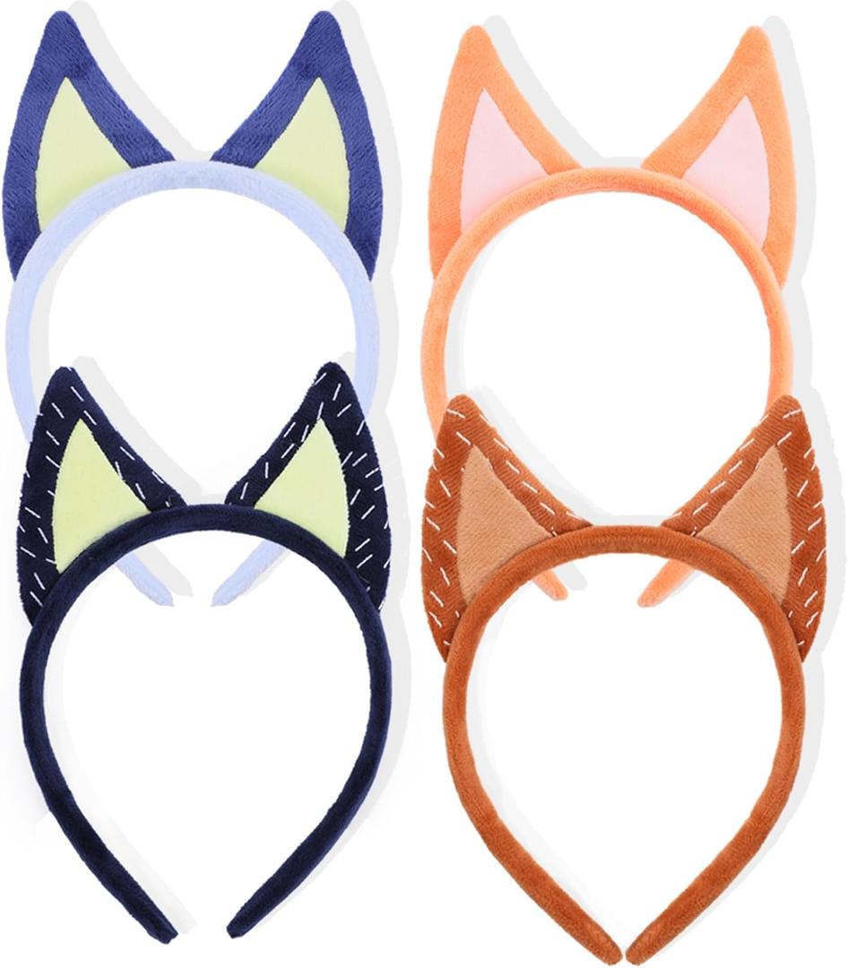 RUNUP 4PCS Dog Ears Headbands Plush Ears Headband Blue Party Accessories Headbands Set-Blue, Dark Blue, Orange, Brown