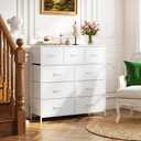 9-Drawer Dresser for Bedroom, Anti-Tip Tall Storage Organizer Chest of Drawers with Wooden Top and Metal Frame Fabric Bins for Closet, Living Room, Hallway, Entryway, Ivory White