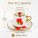 12 Piece Porcelain Tea Cups and Saucers Set - Red Floral Coffee Cups with Gold Trim, 100ml Espresso Turkish Coffee Set, Elegant Tea Party Gift (Red 100ml 6 cups 6 plates)