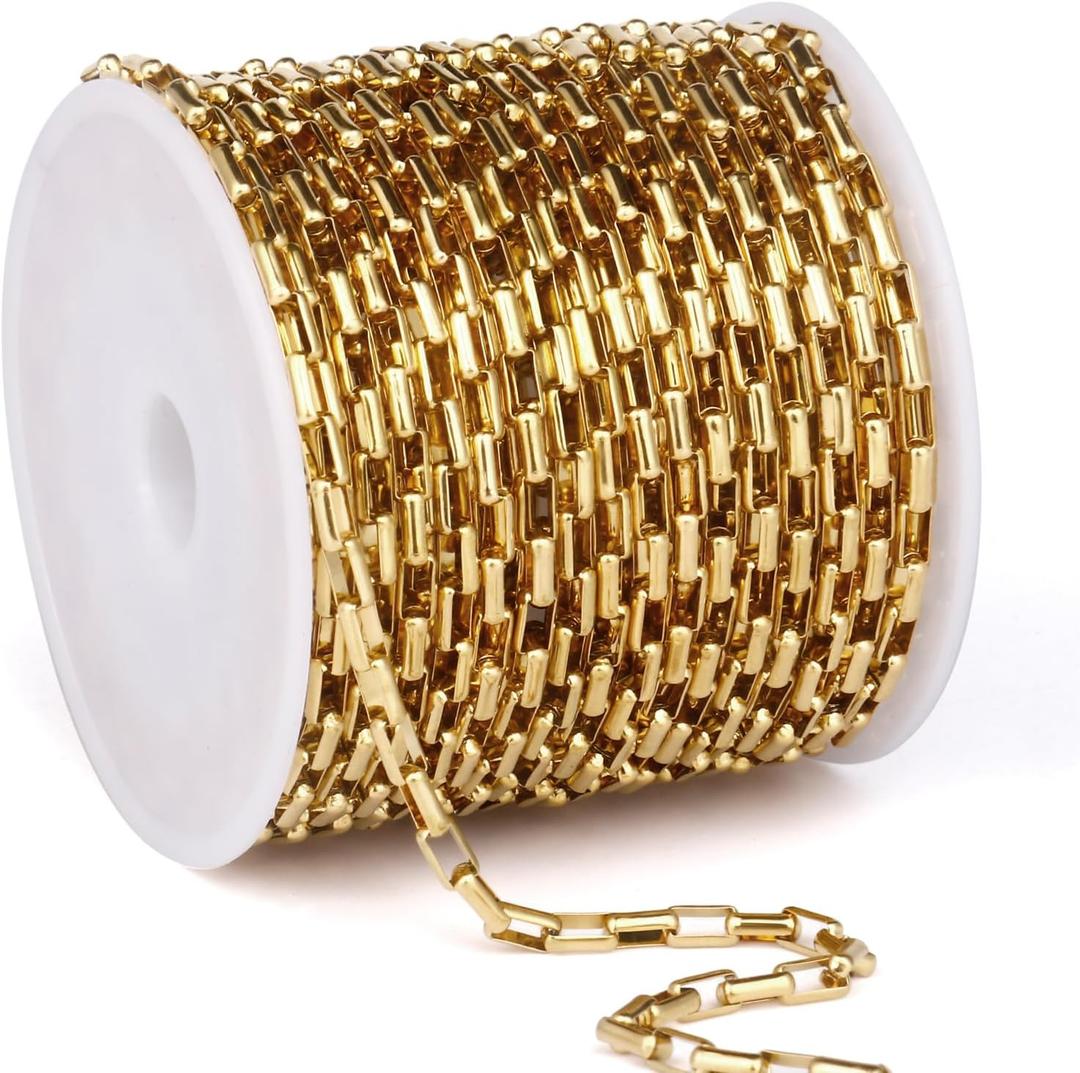 33 Feet Gold Rolo Box Chain Bulk, 3mm 18K Gold PVD Plated 304 Stainless Steel Square Link Cable Chains Roll Spool for Jewelry Making DIY Craft
