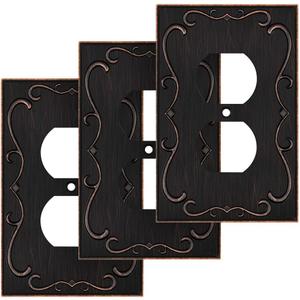 French Cabriole Decorative Wall Plate Switch Plate Outlet Cover (Single Duplex, 3 Pack, Aged Bronze)