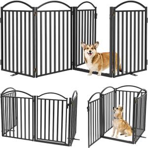 Malier Metal Freestanding Dog Gates with Door, 32'' Height Outdoor Indoor Dog Fences, 96'' Extra Wide Foldable Puppy Gate Free Standind Tall Pet Gate for Stairs, Hallways, Yard (Black, 4 Panels)