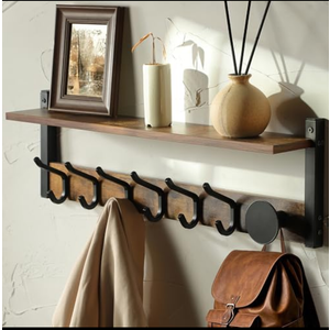 YIGII Coat Rack Wall Mount with Shelf, 32inch Wall Floating Shelf Entryway Shelf with 8 Hooks and Storage, Wood Coat Hanger Wall Mount for Bathroom, Living Room, Bedroom, Rustic Brown