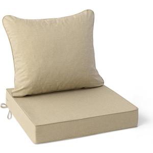 Summsun Outdoor Chair Cushions 22 x 22 Inch, Faux Linen Patio Furniture Cushions, Water Resistant Backrest and Deep Seat Cushion Set with Straps, Removable Cover, Non-Slip Bottom, Nature, 1P/22*22 + 22*20 Inch