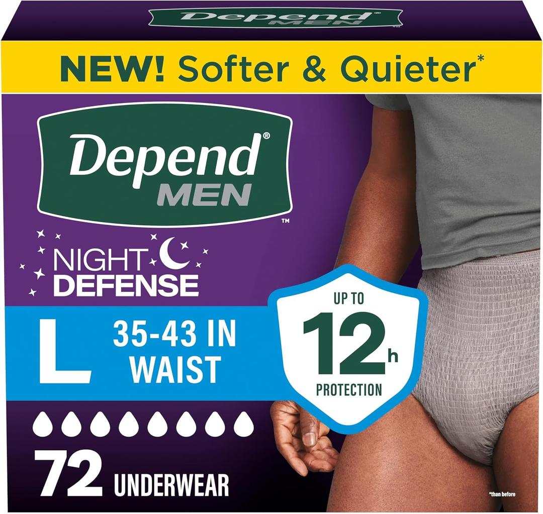 Depend Night Defense Adult Diapers, Incontinence Underwear for Men, Disposable, Overnight, Large, Grey, 72 Count