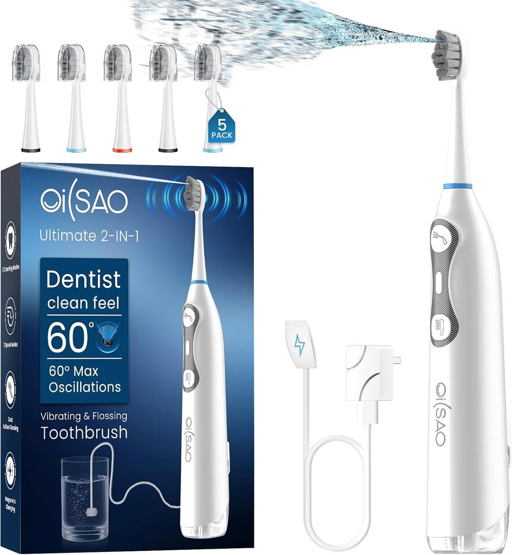 Electric Toothbrush with Water Flosser for Adults, 3-in-1 Sonic Brush & Floss Combo, Cordless Oral Irrigator with 5 Brush Heads, 3 Modes, 30-Day Battery, Travel Toothbrush for Braces, Sensitive Gums