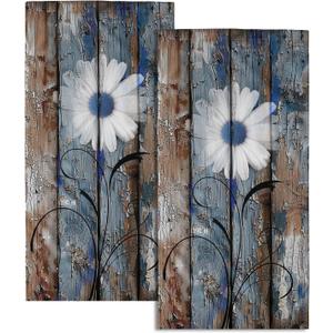 Rustic Daisy Bathroom Hand Towels Set of 2 Blue Brown Floral Farmhouse Fingertip Towels for Bathroom Spring Botanical on Wooden Decorative Absorbent Soft Kitchen Towels for Home Spa Gym Hotel