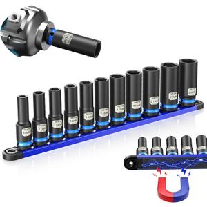 SEESII CR-MO 1/2" Drive Impact Socket Set with Magnetic Organizer, 11pc Deep Metric (10-24mm), 6-Point for Impact Wrench & Ratchet, Professional for Lug Nut, Wheel & Suspension Repair