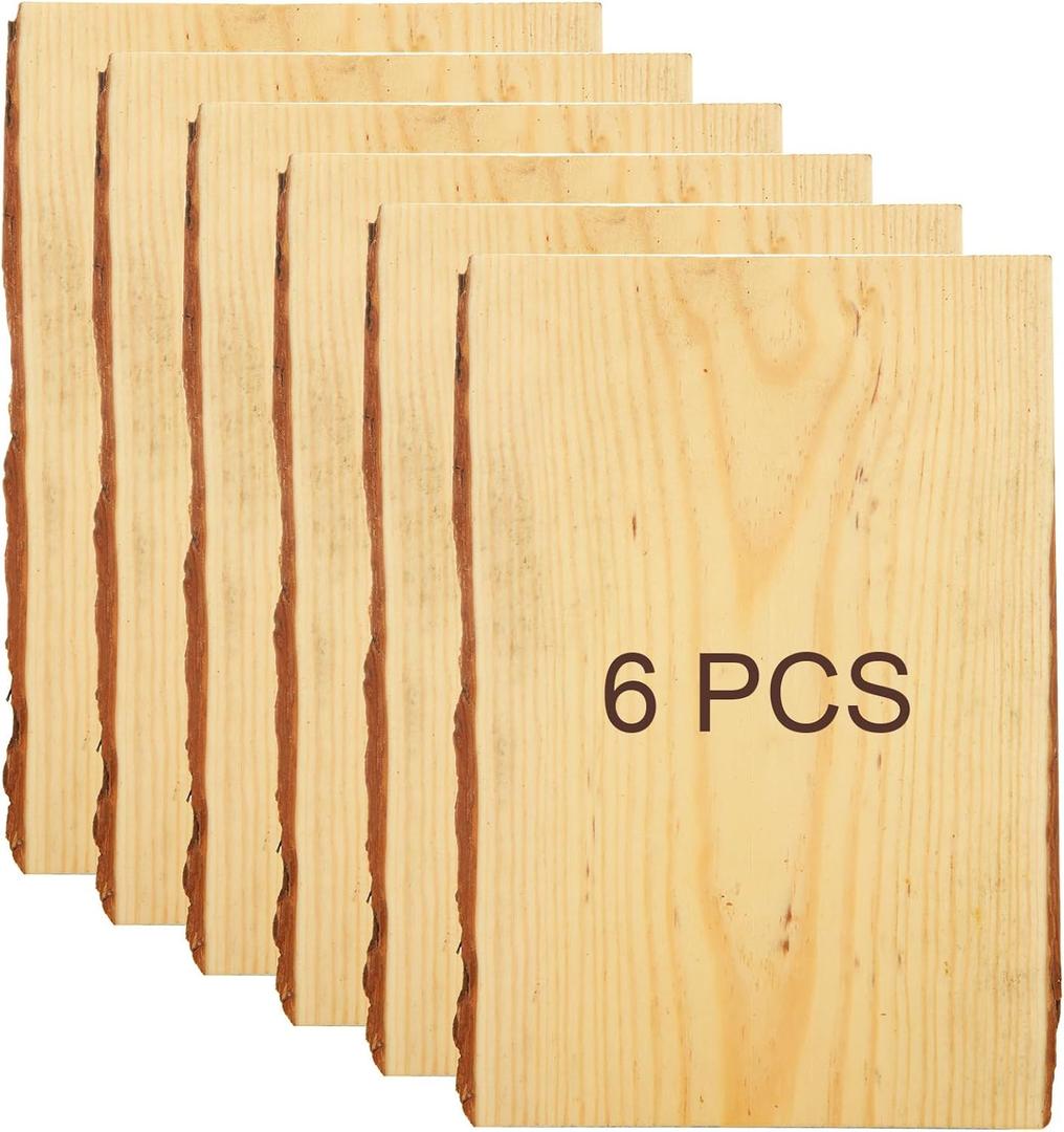 6 Pcs Rectangle Wood Planks with Bark, 7" Wide x 11" Long Live Edge Wood Slab, 0.6 Inch Thick Natural Wood Planks for Woods Burning, Home Dcor and Rustic Weddings
