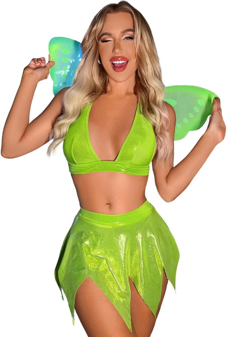 Kaei&Shi Sexy Fairy Halloween Costumes For Women, Butterfly Wings Cosplay Rave Outfits, 3 Piece Skirt Lingerie Set Boudoir (00-0, Lime Green)