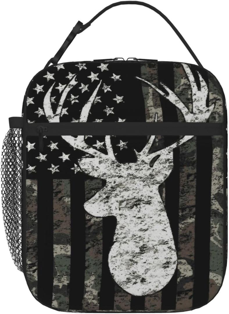 Deer Camouflage American Flag Hunting Lunch Box Bag,Animal Lunchbag Portable Lunch Bag,Reusable Insulated Freezer Lunch Bag for Men Women Picnic Camping and Work
