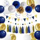 Navy Blue Gold Party Decoration Set 6 Paper Pom Poms, 15 Tassels, 1 Bunting, 1 Garland, 6 Spirals, 15 Latex Balloons Complete Party Decor for Birthday, Graduation,Baby Shower, and Celebrations