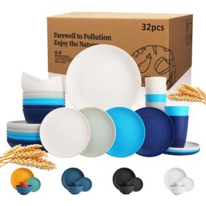 Wrova Wheat Straw Dinnerware Set of 32,Unbreakable Dinner Plates and Bowls Dishes Sets Service for 8,Dishwasher Safe Dinnerware Sets for Kitchen and Camping.Island Series