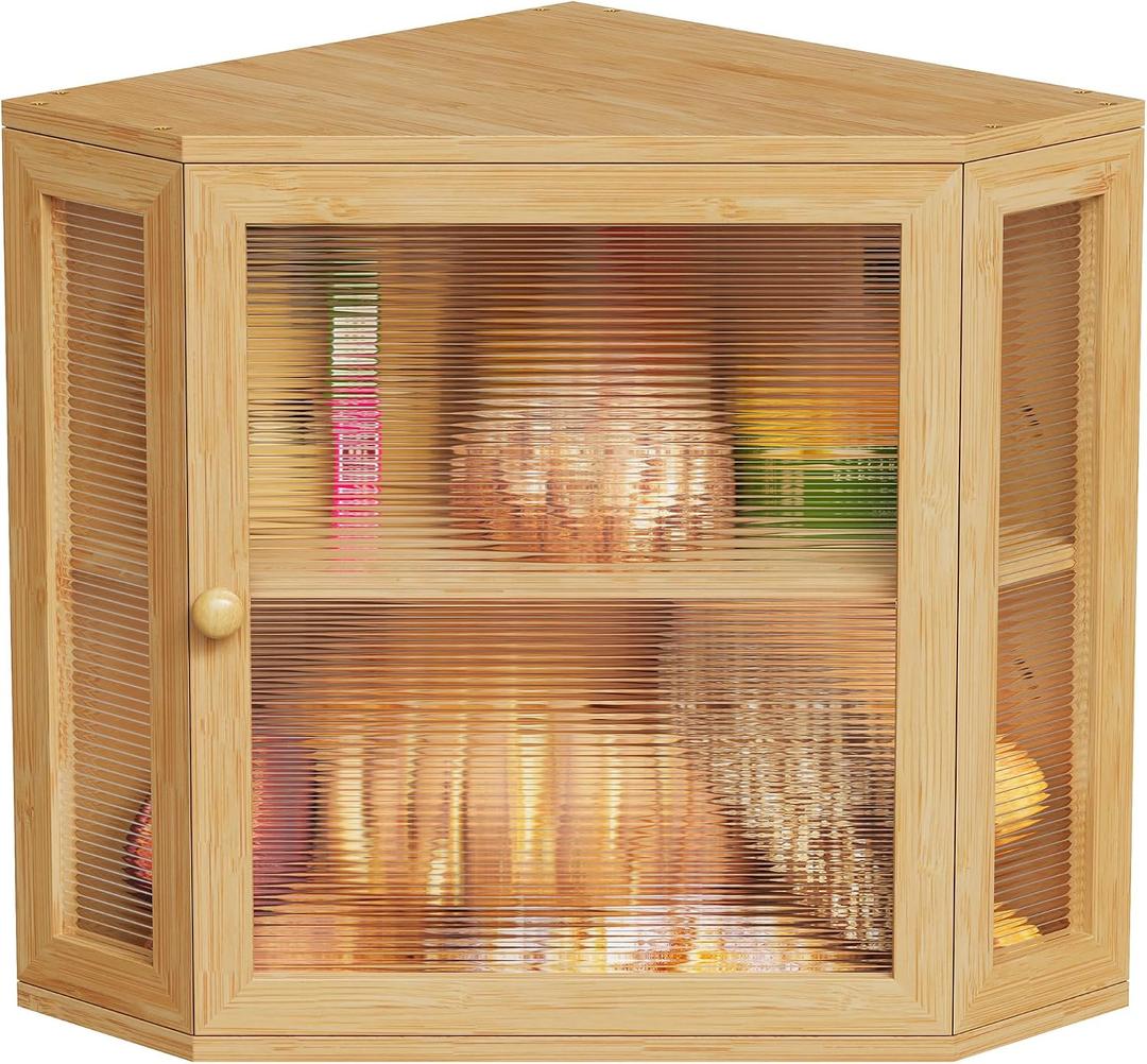 BEWISHOME Corner Bread Box,Bread Box for Kitchen Countertop,Double Layer Bamboo Wood Large Capacity Bread Storage Bin with Acrylic Wavy Door Panel(Meduim) 99ZMX01Y