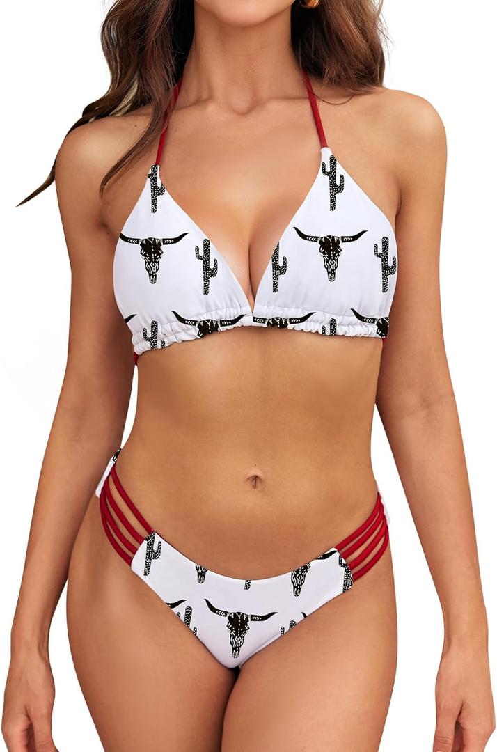 SHESHOW Bikini Sets for Women Cowgirl Style Two Piece Swimsuits Back Lace Up Mid Rise Sexy Bathing Suit (Large)