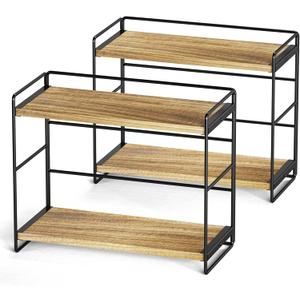 SRIWATANA 2 Pack Bathroom Counter Organizer, 2 Tier Countertop Organizers, Kitchen Counter Shelf Spice Rack Countertop Storage Wood Shelf - Carbonized Black