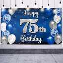 Happy 75th Birthday Decorations,75th Blue & Silver Balloon Large Birthday Banner Backdrop Sign - Cheers to 75 Years Old Bday Party Supplies.