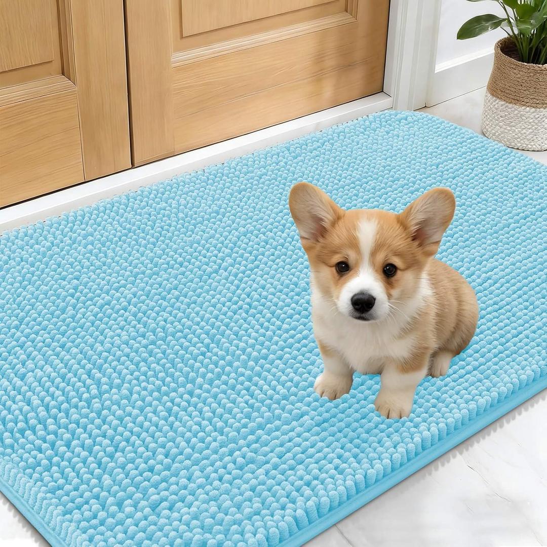 OLANLY Dog Door Mat for Muddy Paws 24x16, Absorbs Moisture and Dirt, Absorbent Non-Slip Washable Doormat, Quick Dry Chenille Mud Mat for Dogs, Entry Indoor Entryway Carpet for Inside Floor, Blue