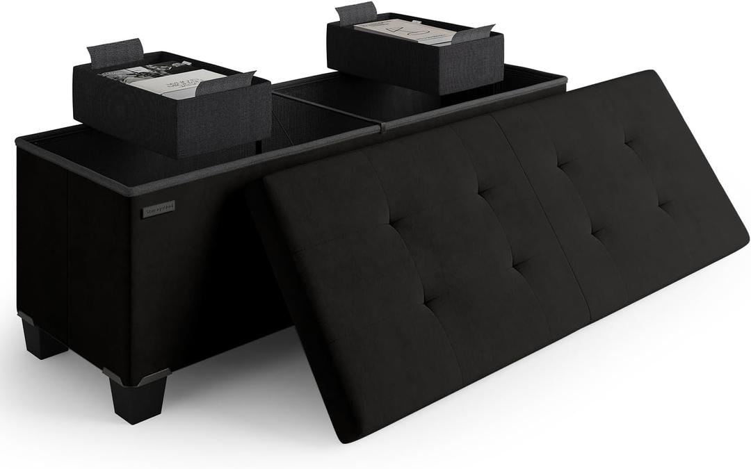 Storage Ottoman Bench with Bins, 43-in Storage Bench for Bedroom End of Bed, Folding Foot Rest Ottoman for Living Room Max 660lbs, Velvet Ottomans, Black