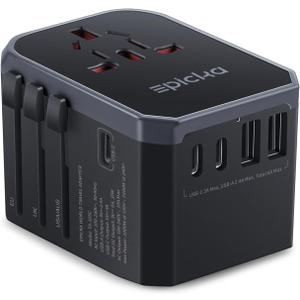 EPICKA Universal Travel Adapter, International Power Adapter with 2 USB-A & 3 USB-C Ports Wall Charger - Worldwide Travel Essentials, European Travel Plug Adapter for UK/US/AU (TA-105C, Black)