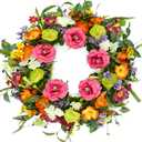 Artificial Spring Summer Wreaths for Front Door 22'' Peony Wreath Colorful Floral Wreath with Peony,Daisy,Poppy Flower Lavender for Indoor Outdoor Farmhouse Home Wall Window Festival Decoration