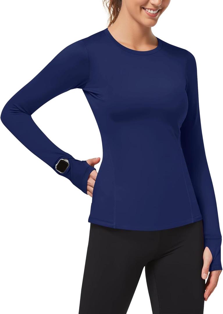 Loovoo Thermal Shirts for Women Long Sleeve Workout Tops Crewneck Fleece Base Layer Running Athletic Tee with Zipper Pocket (Blue, L)