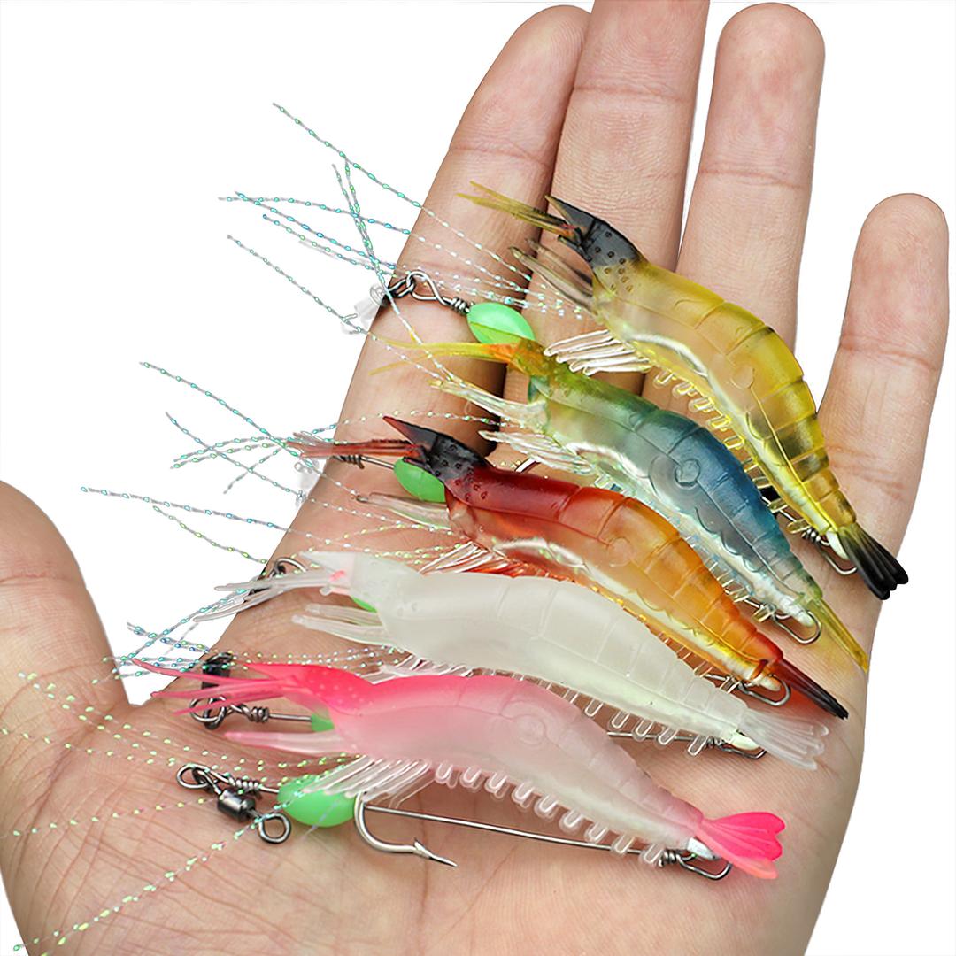 Soft Plastic Shrimp Fishing Lures with Double Hooks, 2Pack, Orange and Natural Colors (Tea+Black Red)