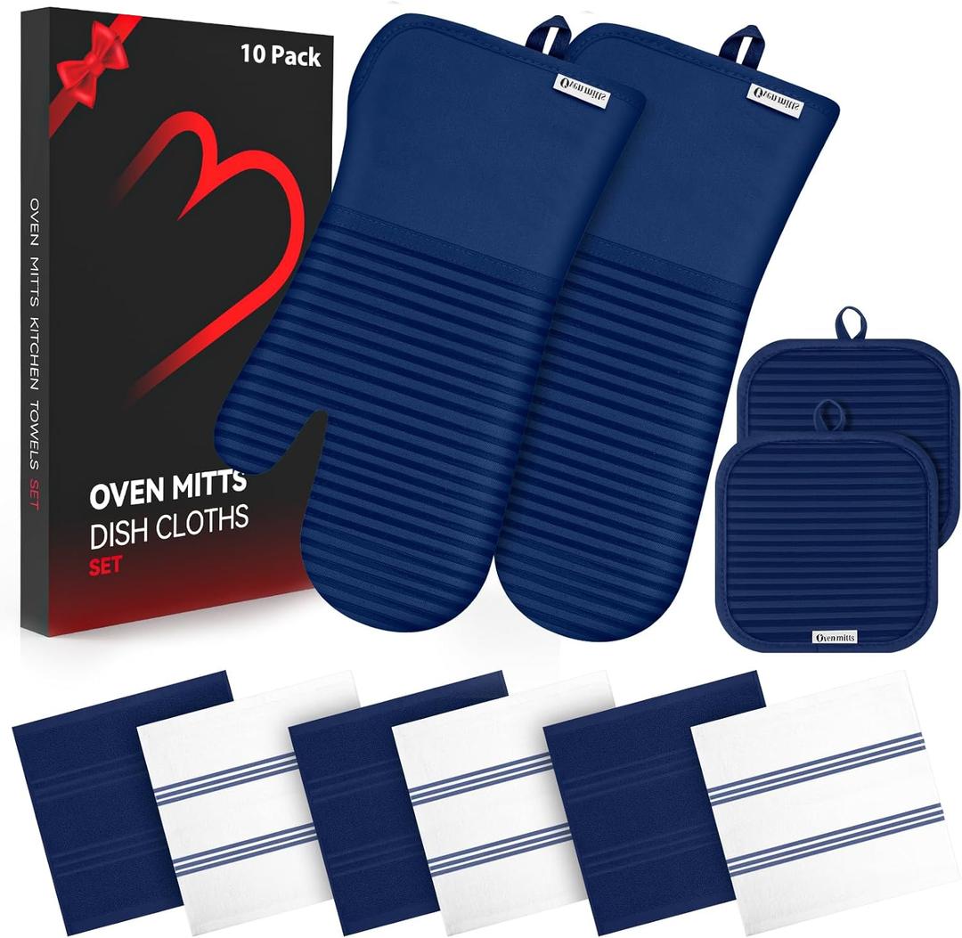 Oven Mitts and Pot Holder Sets with Silicone Grip, 500F Heat Resistant-6 Pack Dishcloth/Dish Towels for Kitchen 100% Cotton-Value Kitchen Essentials for Cooking, Baking, Grilling-Marine Blue