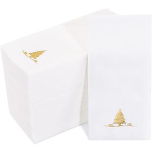 Nervure 50 Pack Christmas Gold Paper Napkins - Cloth Like Disposable Napkins - Line Fell Dinner Napkins - Gold Christmas Tree Heavy Duty Hand Towels for Xmas & Party