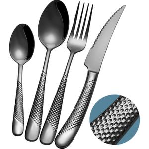16-Piece Modern Black Hammered Silverware Set with Ultra Sharp 2-IN-1 Serrated Knives, 18/10 Stainless Steel Flatware Set, Titanium Plated Cutlery Set Service for 4, Dishwasher Safe